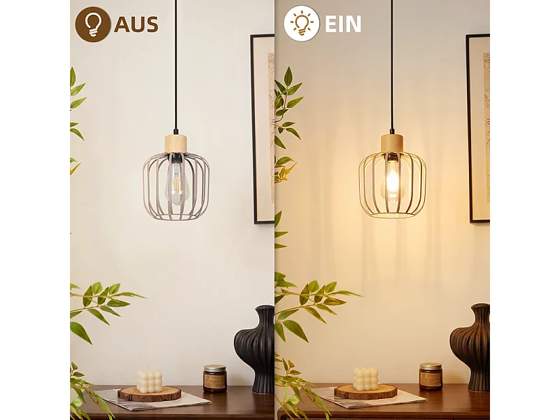 NETTLIFE Hanglamp 1 licht hout modern E27 grijs voor woonkamer, eetkamer, keuken