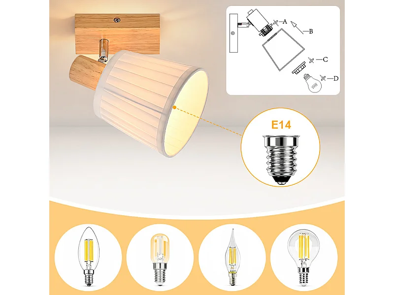 NETTLIFE Spot plafond 1 lampe bois E14 tissu