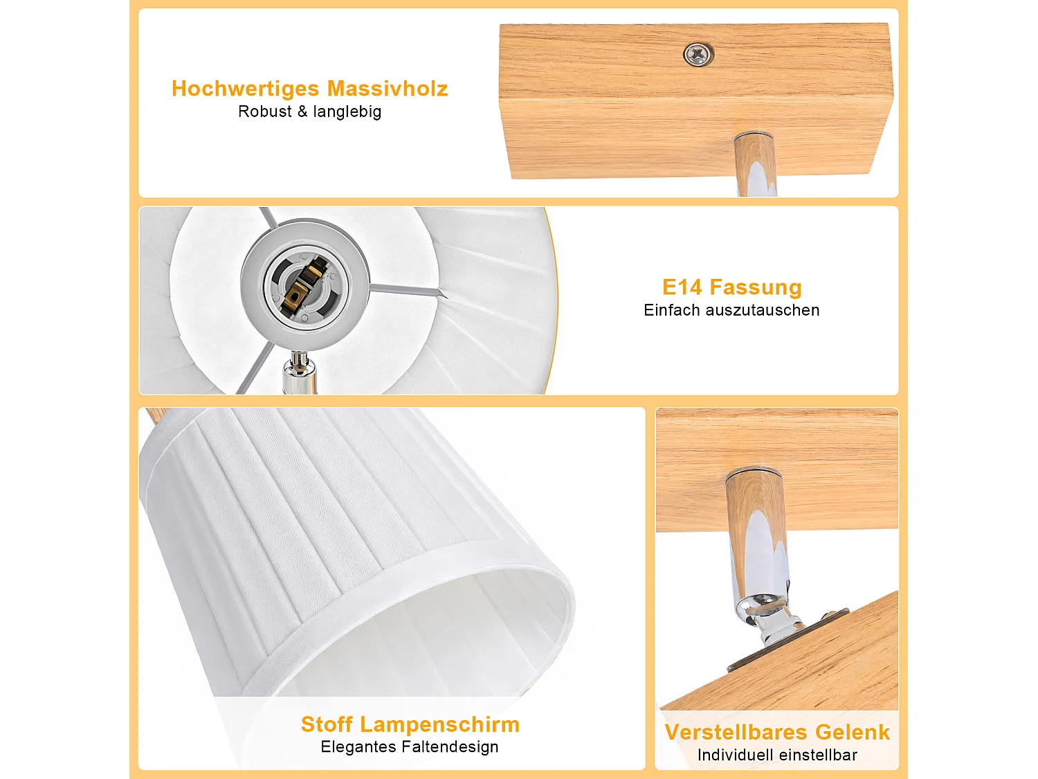 NETTLIFE 1-flammige Deckenleuchte aus Holz E14 mit Stoff