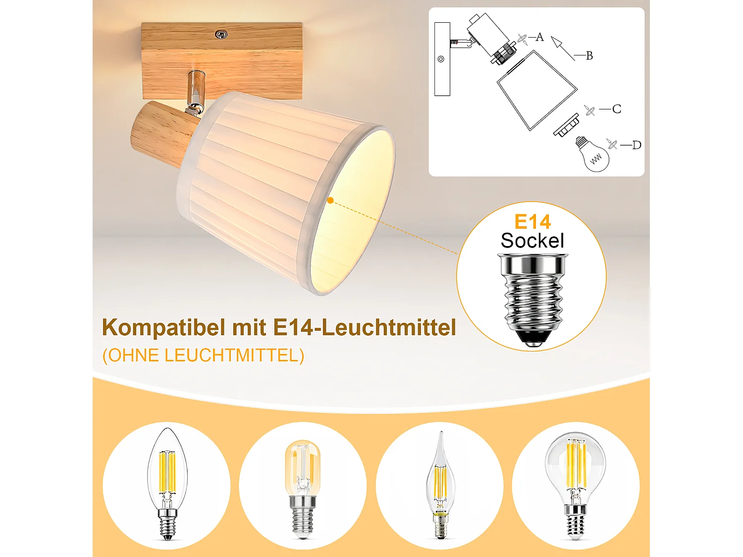 NETTLIFE 1-flammige Deckenleuchte aus Holz E14 mit Stoff