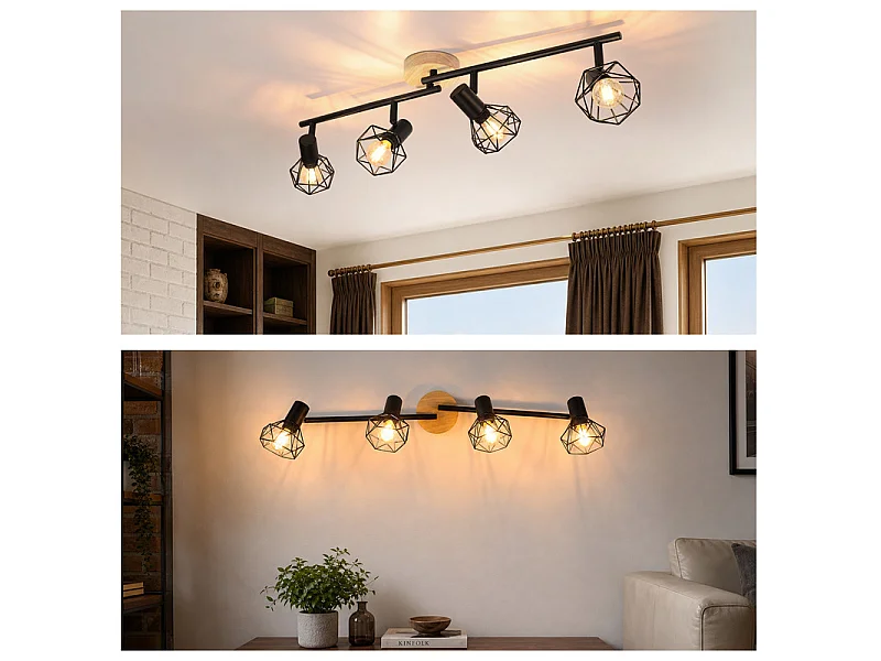 NETTLIFE Spot plafond 4 lampes noir bois E14