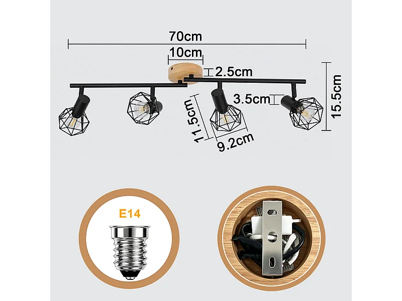 NETTLIFE Spot plafond 4 lampes noir bois E14