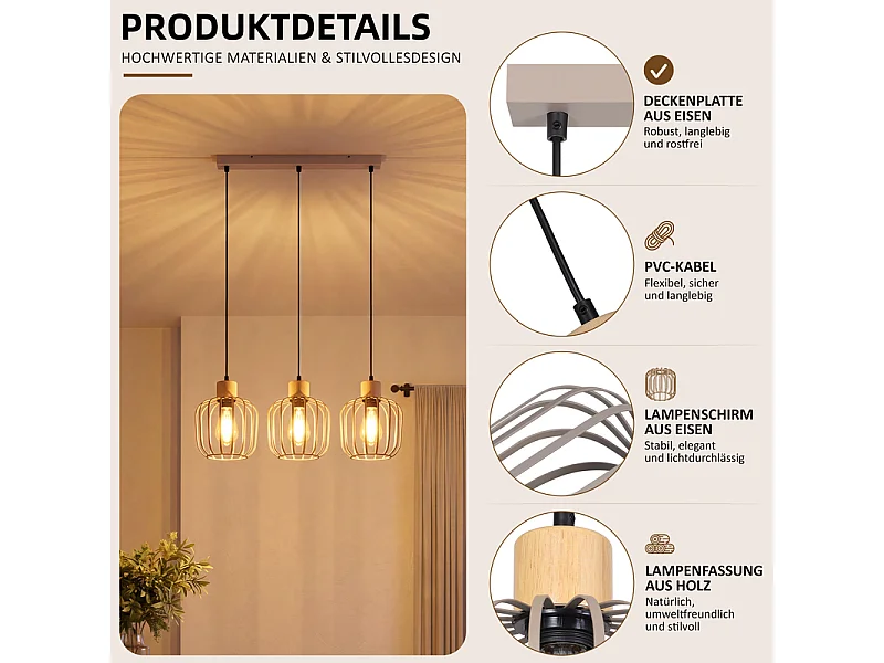 NETTLIFE Suspension 3 feux E27 grise bois, moderne, sans ampoule.