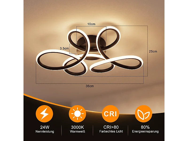 NETTLIFE LED-Deckenleuchte 24W 3000K Design Blume schwarz Metall