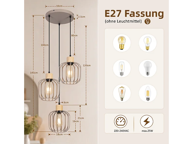 NETTLIFE Hanglamp 3 lichten E27 grijs modern voor woonkamer, eetkamer, keuken