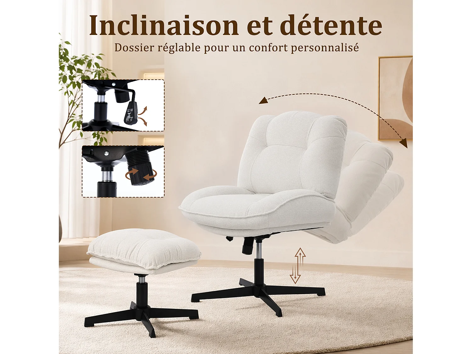 HomeMiYN Fauteuil de détente avec repose-pieds, fauteuil relax à dossier haut avec accoudoirs