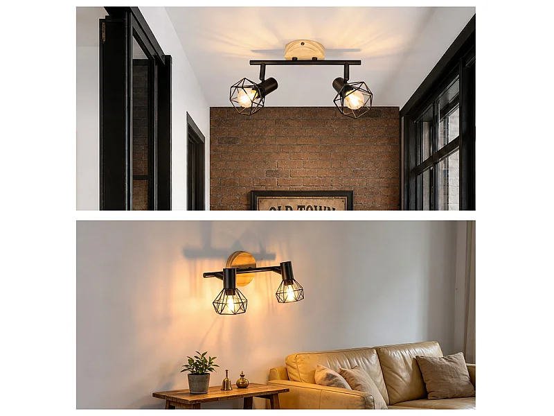 NETTLIFE Spot plafond 2 lampes bois noir E14
