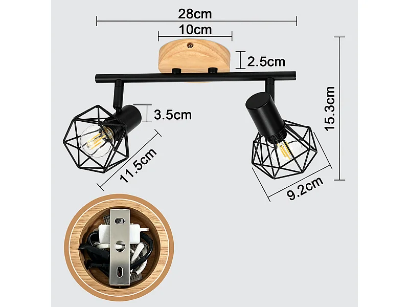 NETTLIFE Spot plafond 2 lampes bois noir E14