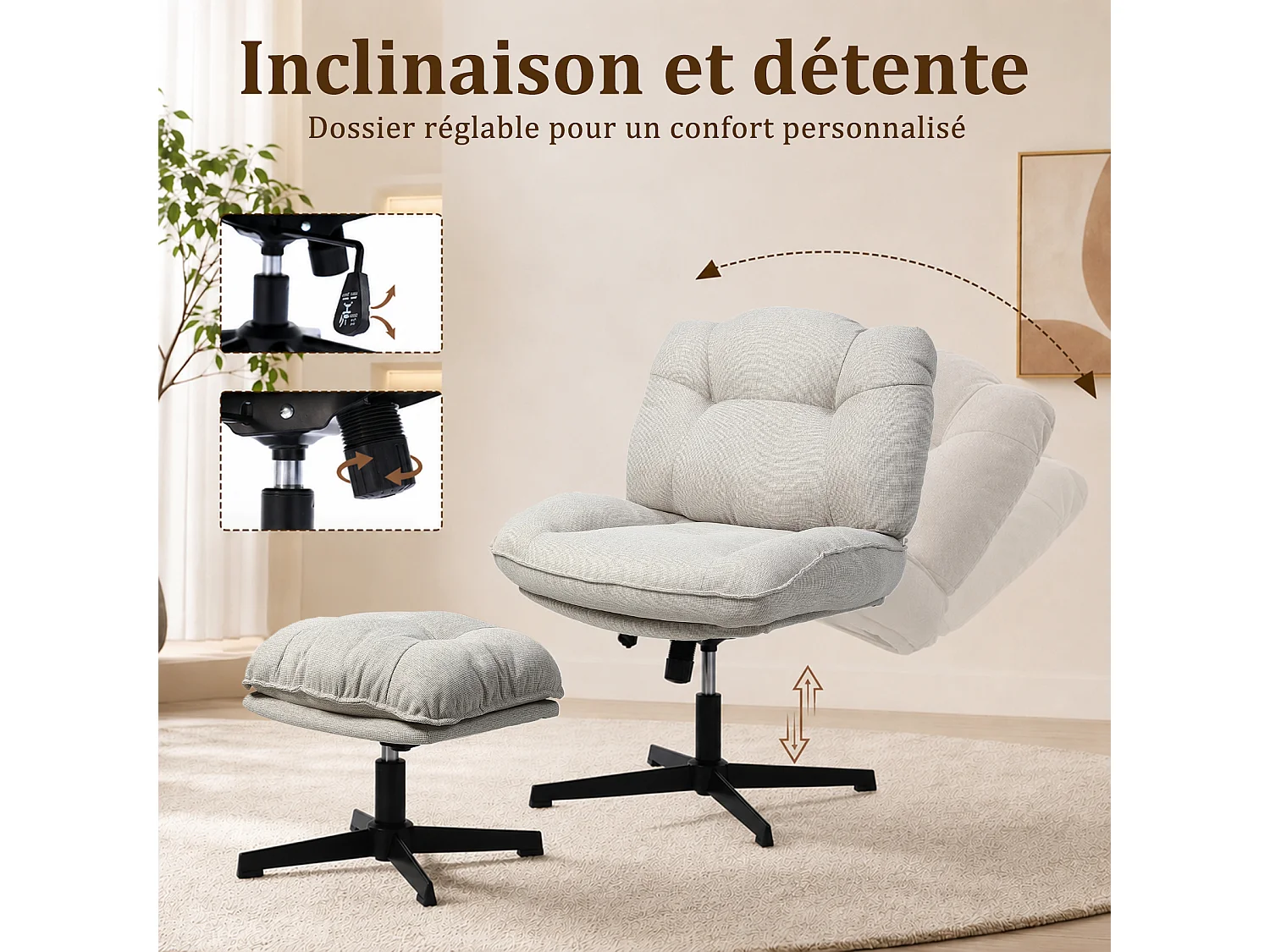 HomeMiYN Fauteuil de détente avec repose-pieds, fauteuil relax à dossier haut avec accoudoirs