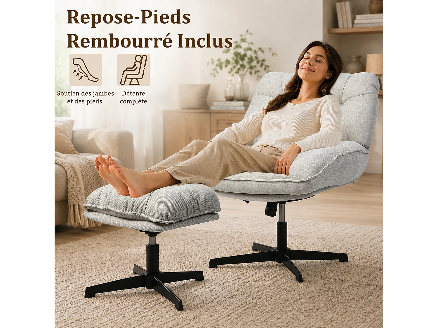 HomeMiYN Fauteuil de détente avec repose-pieds, fauteuil relax à dossier haut avec accoudoirs