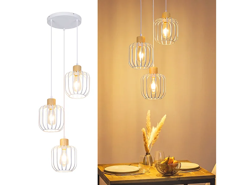 NETTLIFE Suspension bois 3 lumières E27 blanc moderne pour salle à manger, cuisine, séjour