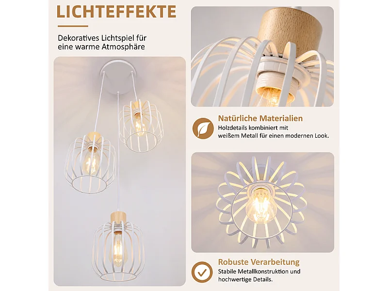 NETTLIFE Suspension bois 3 lumières E27 blanc moderne pour salle à manger, cuisine, séjour