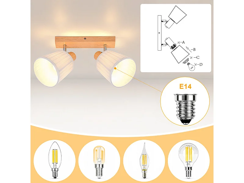 NETTLIFE Spot plafond 2 lampes bois E14 tissu