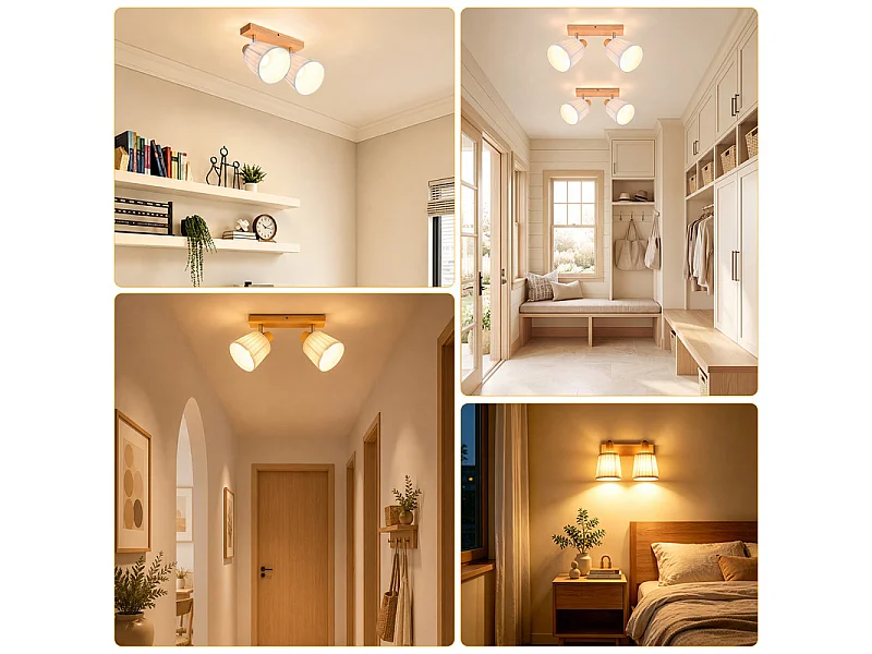 NETTLIFE Spot plafond 2 lampes bois E14 tissu