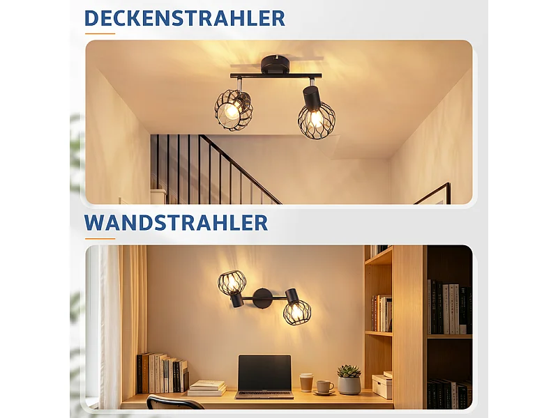 NETTLIFE LED-Deckenleuchte 2 schwarze Strahler, 350° verstellbar, E14, ohne Leuchtmittel