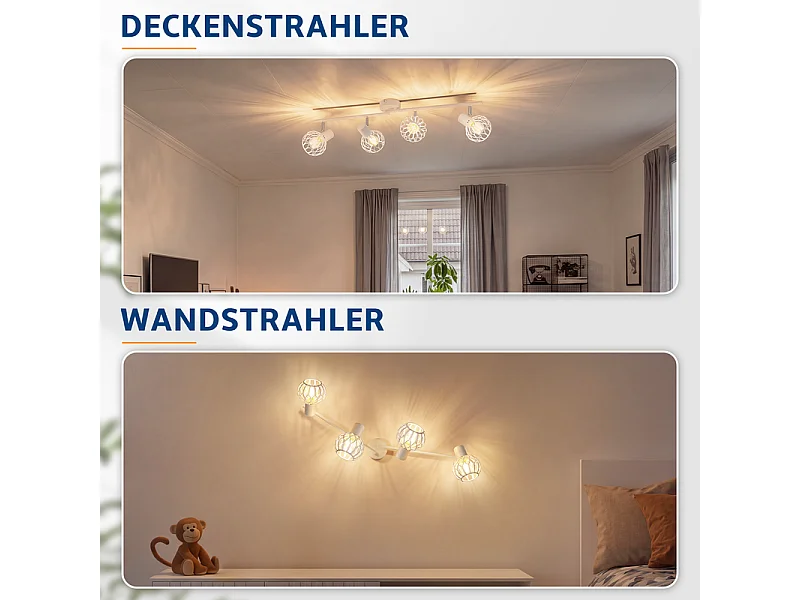 NETTLIFE LED-Deckenleuchte 4 weiße Strahler, 350° verstellbar, E14, ohne Leuchtmittel