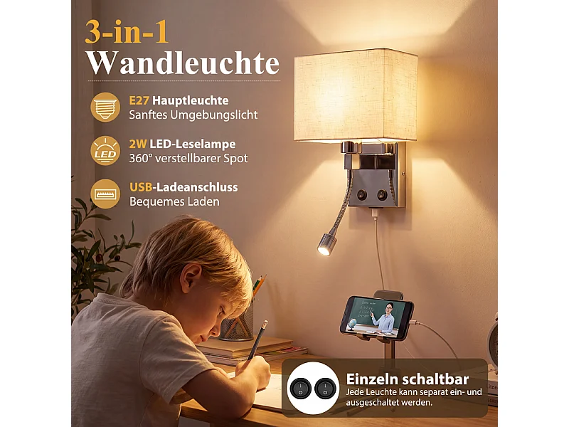 NETTLIFE LED-Wandleuchte E27 mit Stoff und USB