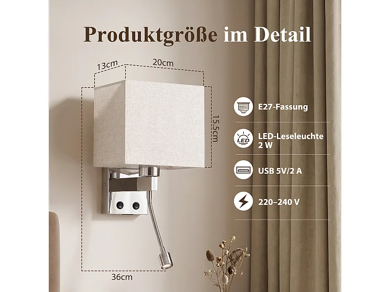 NETTLIFE LED-Wandleuchte E27 mit Stoff und USB