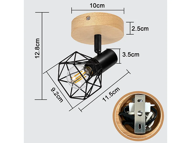 NETTLIFE Spot plafond 1 lampe noir bois E14
