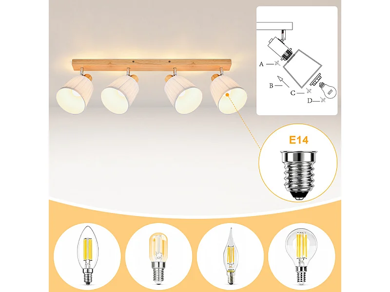NETTLIFE Spot plafond 4 lampes bois E14 tissu blanc