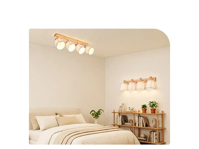 NETTLIFE Spot plafond 4 lampes bois E14 tissu blanc