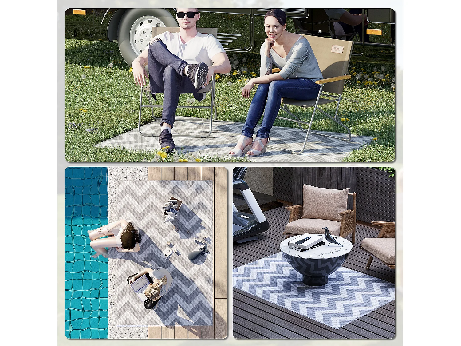 Outsunny Outdoor Rug, 1.2 x 1.8m Patio Floor Mat, Grey & White