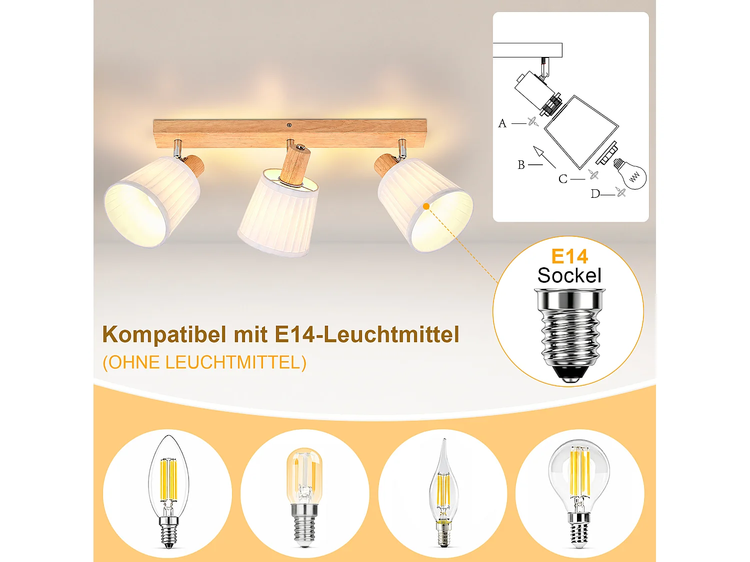 NETTLIFE Spot plafond 3 lampes bois E14