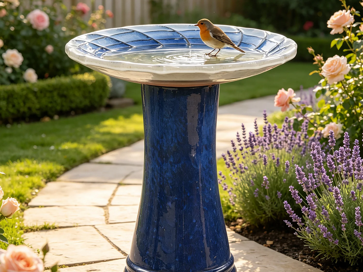 Bain d'Oiseaux sur Pied en Céramique 43x43x45cm – Coupelle Eau Oiseaux Jardin & Accessoires Jardin Oiseaux, Idéal pour Jardin, Terrasse et Balcon