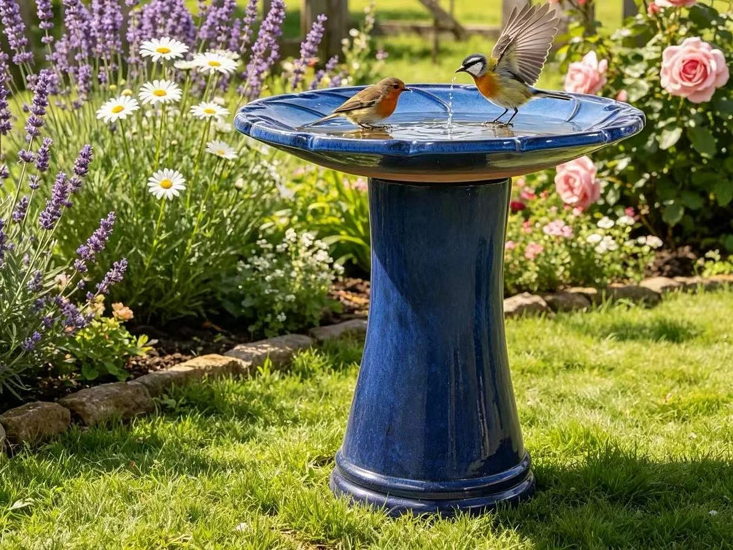 Bain d'Oiseaux sur Pied en Céramique 43x43x45cm – Coupelle Eau Oiseaux Jardin & Accessoires Jardin Oiseaux, Idéal pour Jardin, Terrasse et Balcon