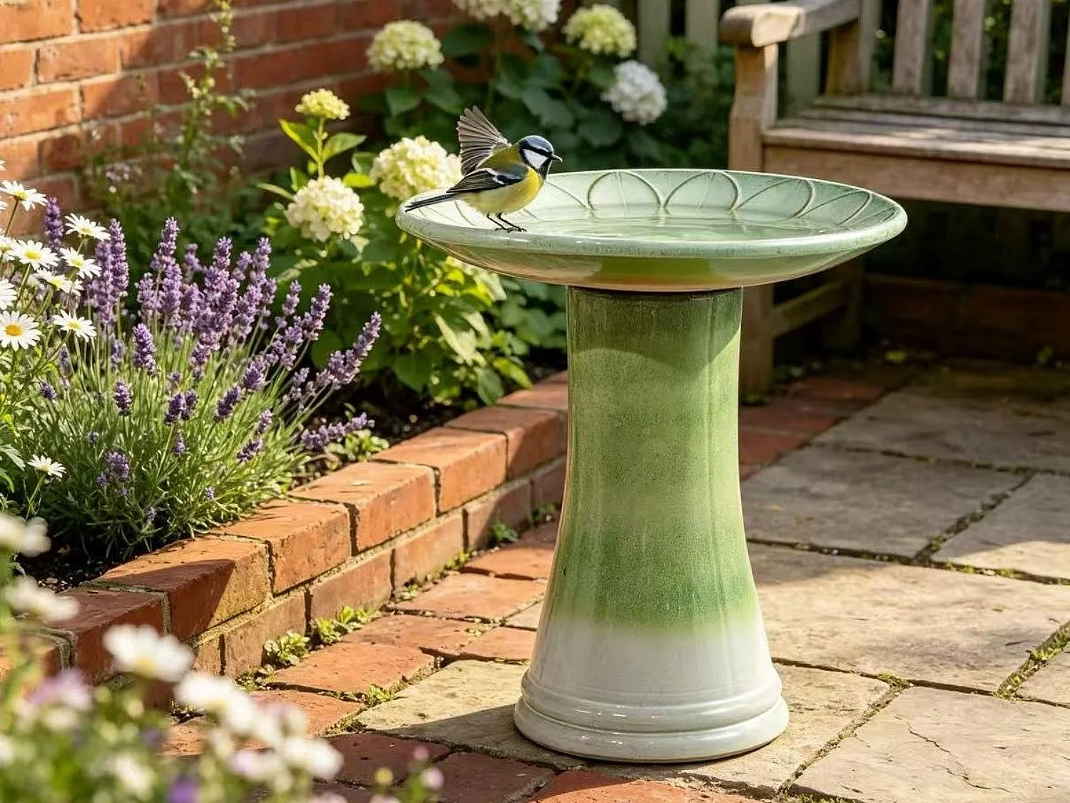 Bain d'Oiseaux sur Pied en Céramique 43x43x45cm – Coupelle Eau Oiseaux Jardin & Accessoires Jardin Oiseaux, Idéal pour Jardin, Terrasse et Balcon