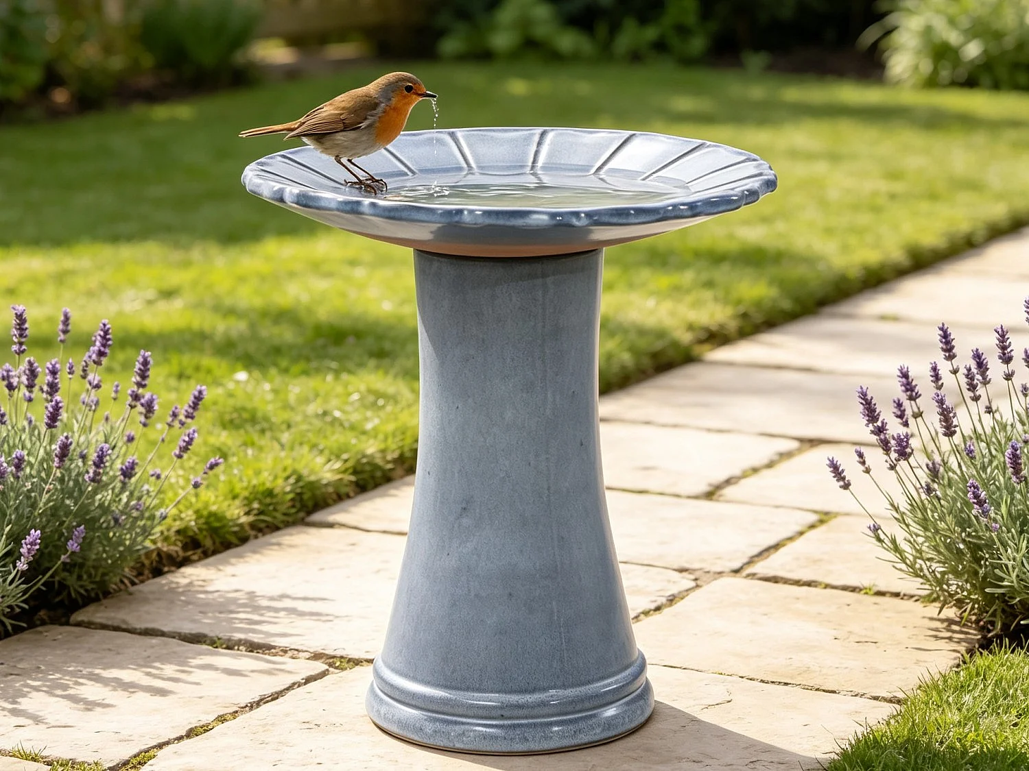 Baño para Pájaros de Pie en Cerámica 43x43x45cm – Comedero y Bebedero de Agua para Jardín, Terraza y Balcón