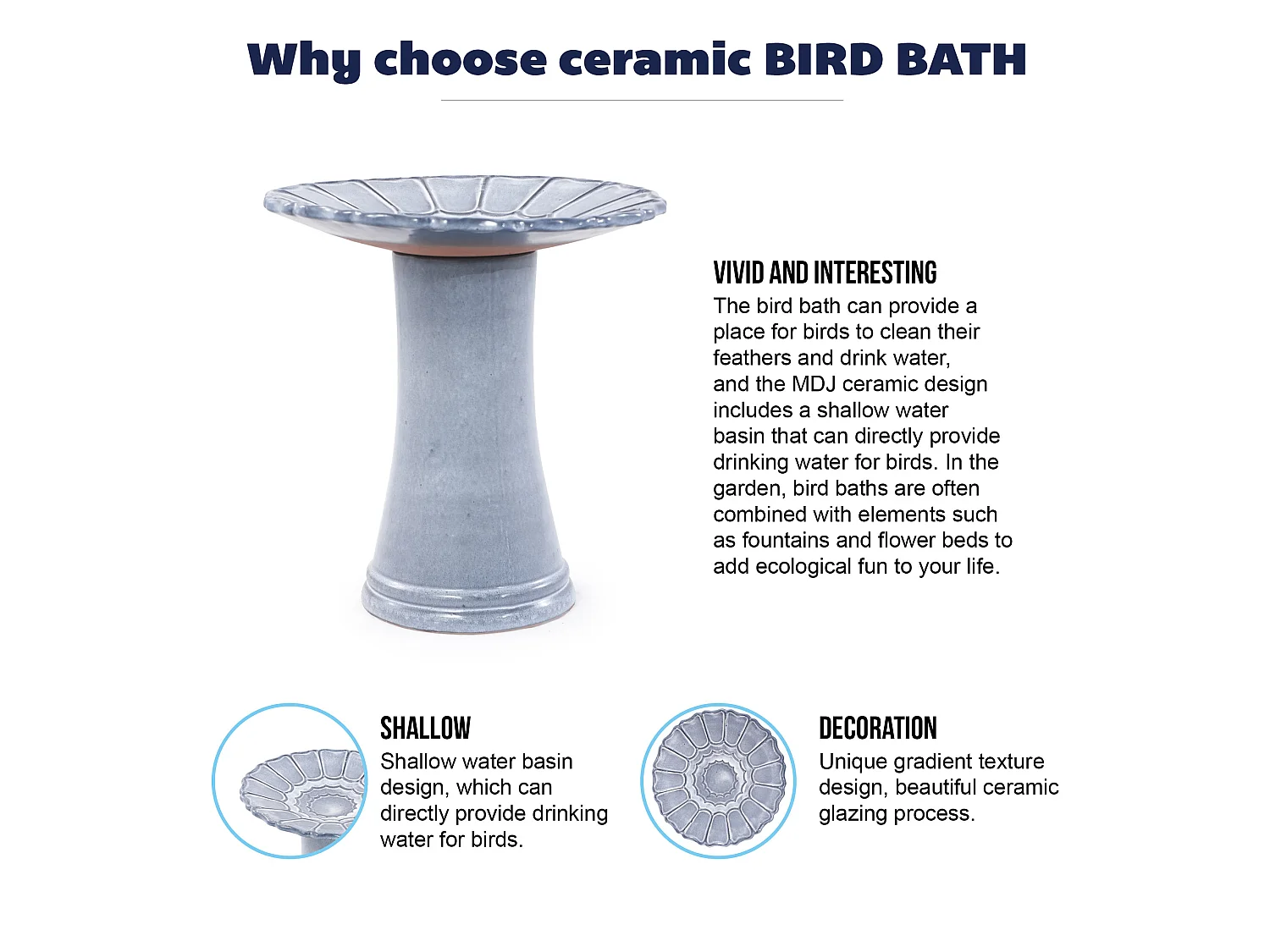 Baño para Pájaros de Pie en Cerámica 43x43x45cm – Comedero y Bebedero de Agua para Jardín, Terraza y Balcón