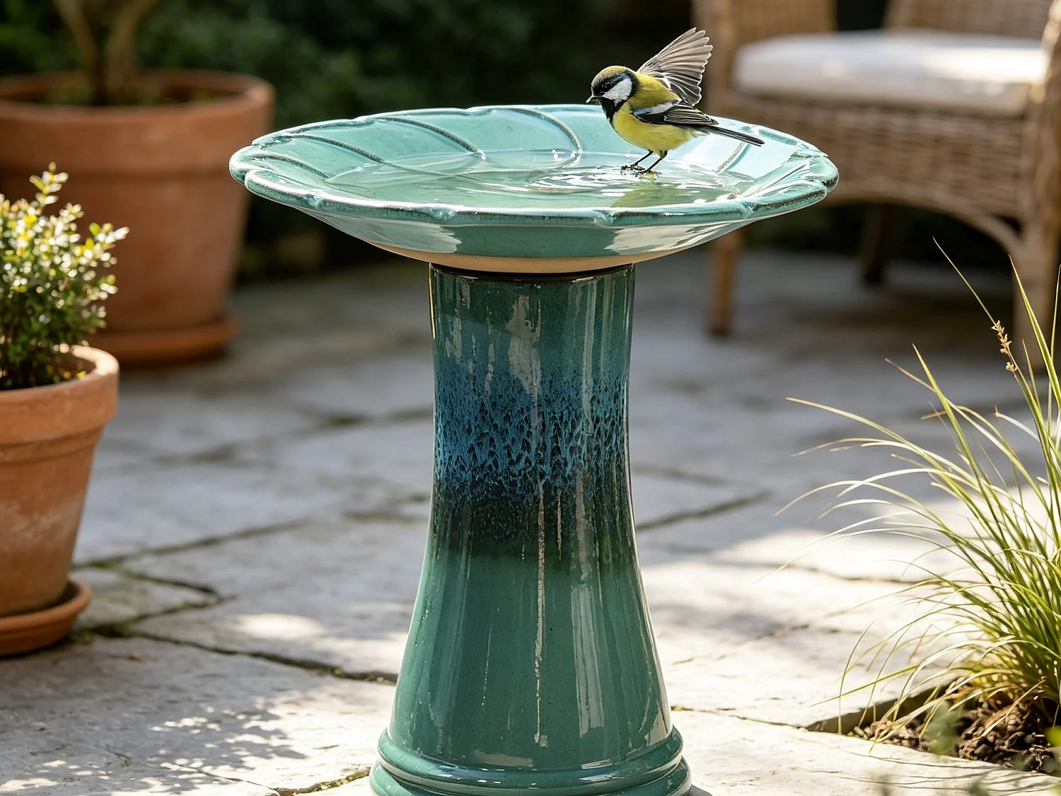 Bain d'Oiseaux sur Pied en Céramique 43x43x45cm – Coupelle Eau Oiseaux Jardin & Accessoires Jardin Oiseaux, Idéal pour Jardin, Terrasse et Balcon