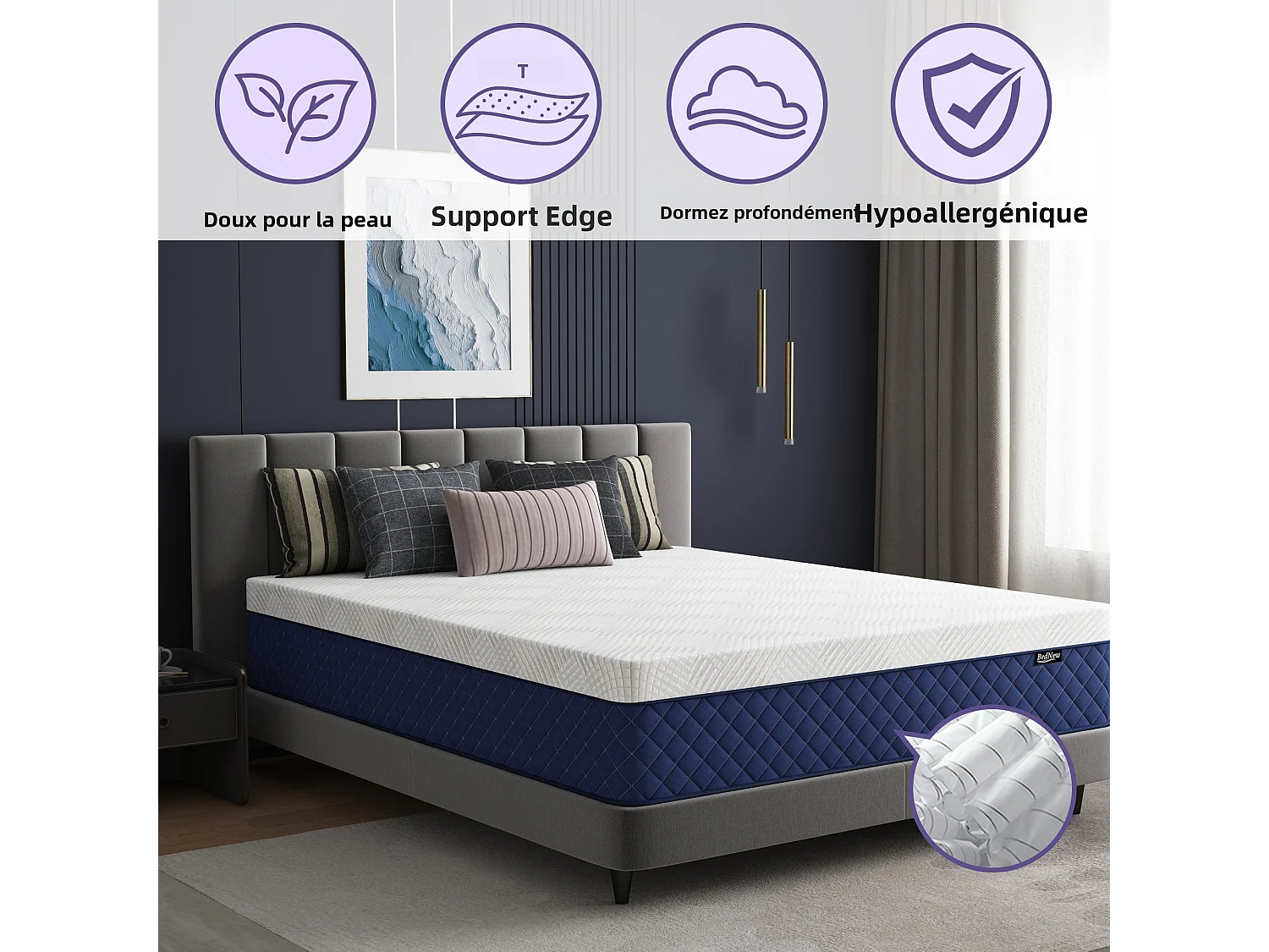 Matelas 120×200cm - Épaisseur 29cm - Matelas hybride - 7 Zones ergonomiques - Matelas à Ressorts ensachés et mémoire de forme