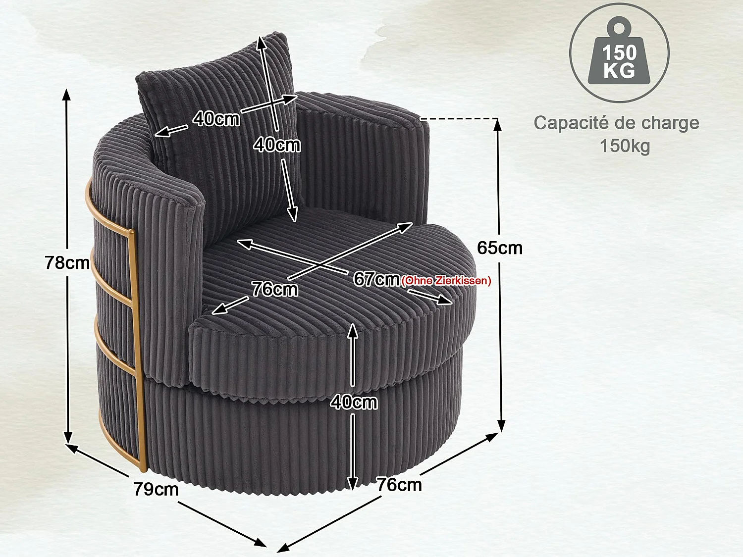 Fauteuil Pivotant 360° en Velours Côtelé - Chaise de Relaxation Ergonomique avec Rangement, Fauteuil d'Allaitement Élégant pour Salon et Chambre