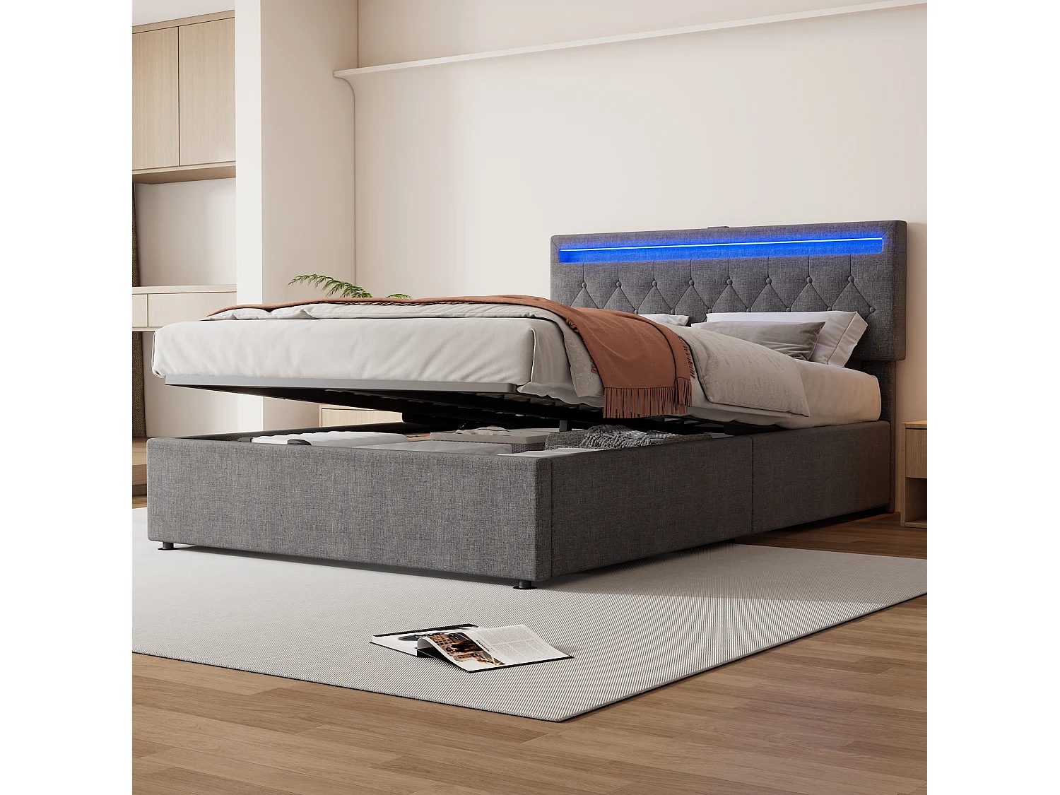 Lit rembourré 140x200 cm gris, coffre hydraulique, LED et USB C, grand rangement, tête de lit relevable en lin