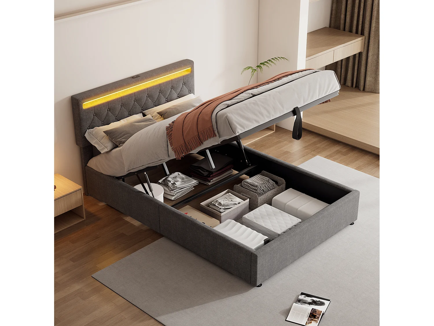 Lit rembourré 140x200 cm gris, coffre hydraulique, LED et USB C, grand rangement, tête de lit relevable en lin