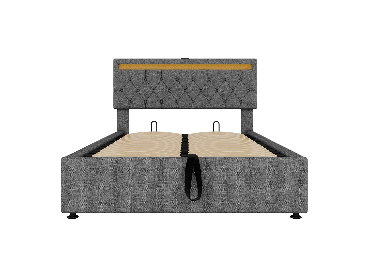 Lit rembourré 140x200 cm gris, coffre hydraulique, LED et USB C, grand rangement, tête de lit relevable en lin
