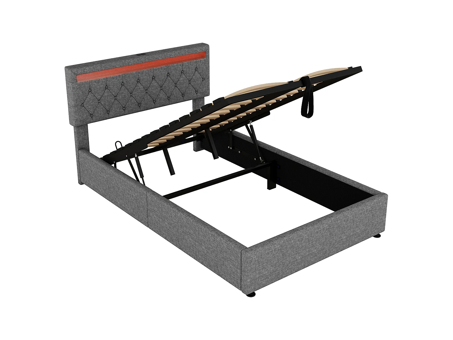 Lit rembourré 140x200 cm gris, coffre hydraulique, LED et USB C, grand rangement, tête de lit relevable en lin