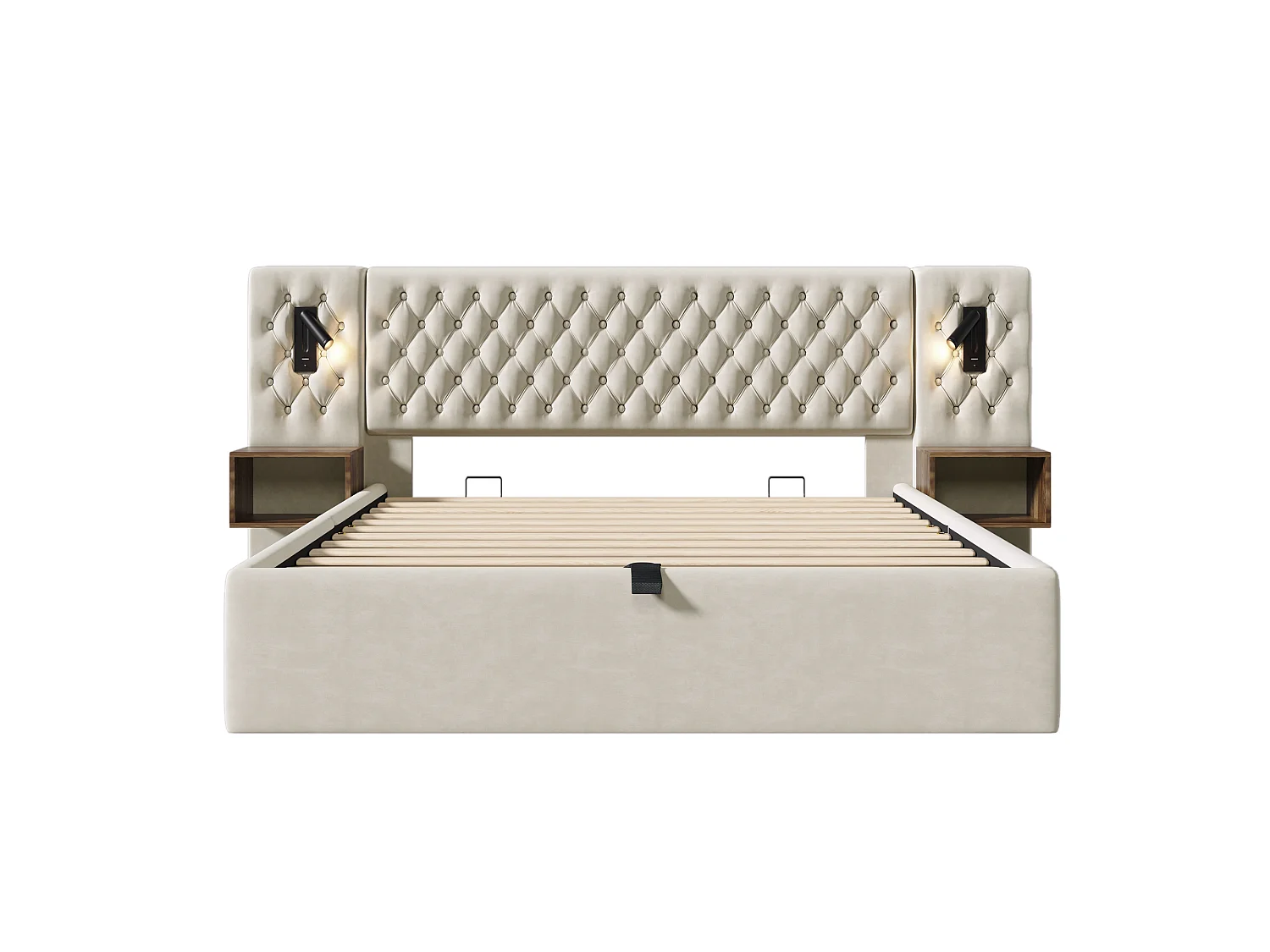 Lit 160x200 cm, ensemble lit tapissé hydraulique avec 2 tables de nuit, lampe de lecture et USB, velours beige, sans matelas