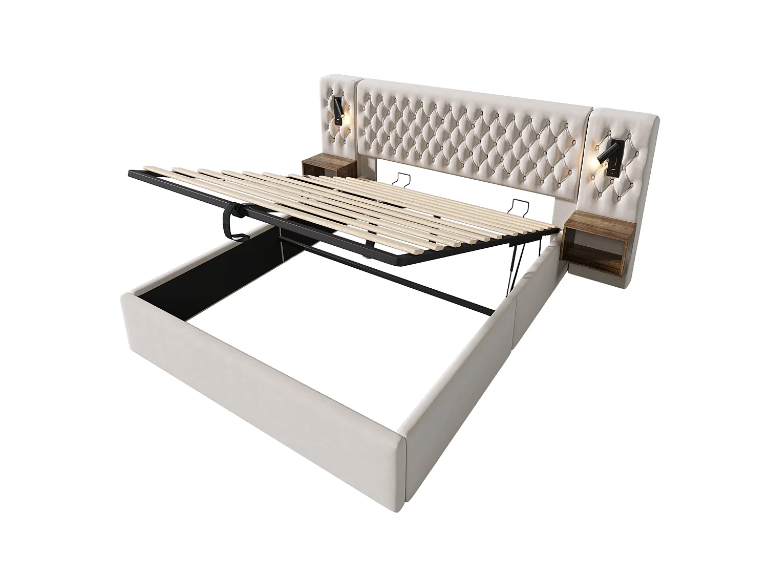 Lit 160x200 cm, ensemble lit tapissé hydraulique avec 2 tables de nuit, lampe de lecture et USB, velours beige, sans matelas