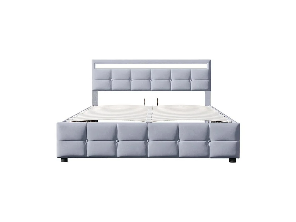 Lit rembourré 180x200 cm velours hollandais, LED intégrées, rangement hydraulique, sommier robuste, confortable et élégant, gris