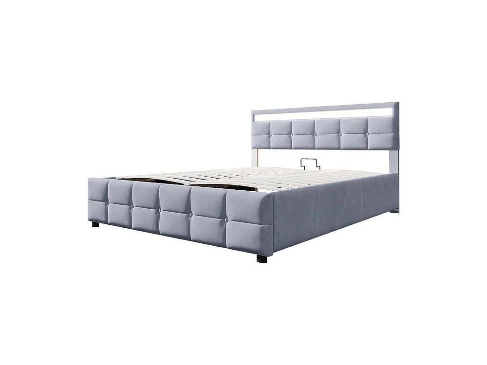 Lit rembourré 180x200 cm velours hollandais, LED intégrées, rangement hydraulique, sommier robuste, confortable et élégant, gris