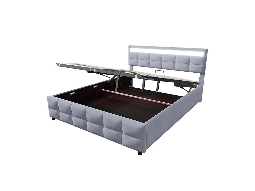 Lit rembourré 180x200 cm velours hollandais, LED intégrées, rangement hydraulique, sommier robuste, confortable et élégant, gris