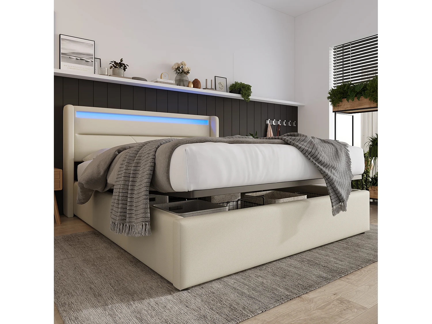 Lit 160x200 cm, lit hydraulique avec rangement et LED télécommandable, tissu PU blanc