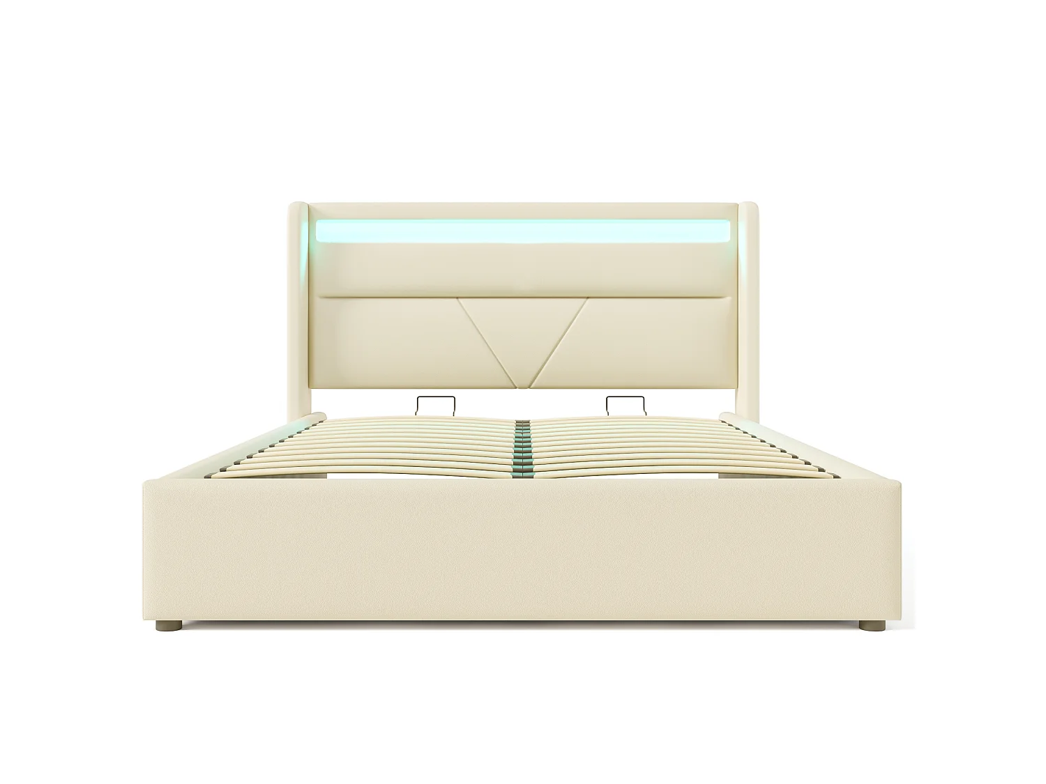 Lit 160x200 cm, lit hydraulique avec rangement et LED télécommandable, tissu PU blanc