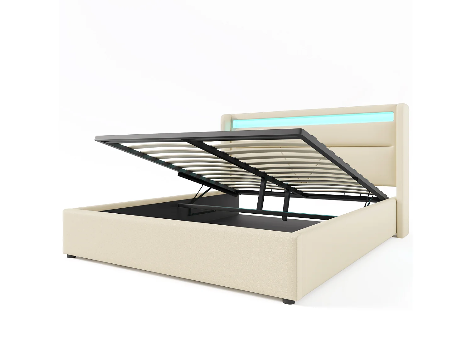 Lit 160x200 cm, lit hydraulique avec rangement et LED télécommandable, tissu PU blanc