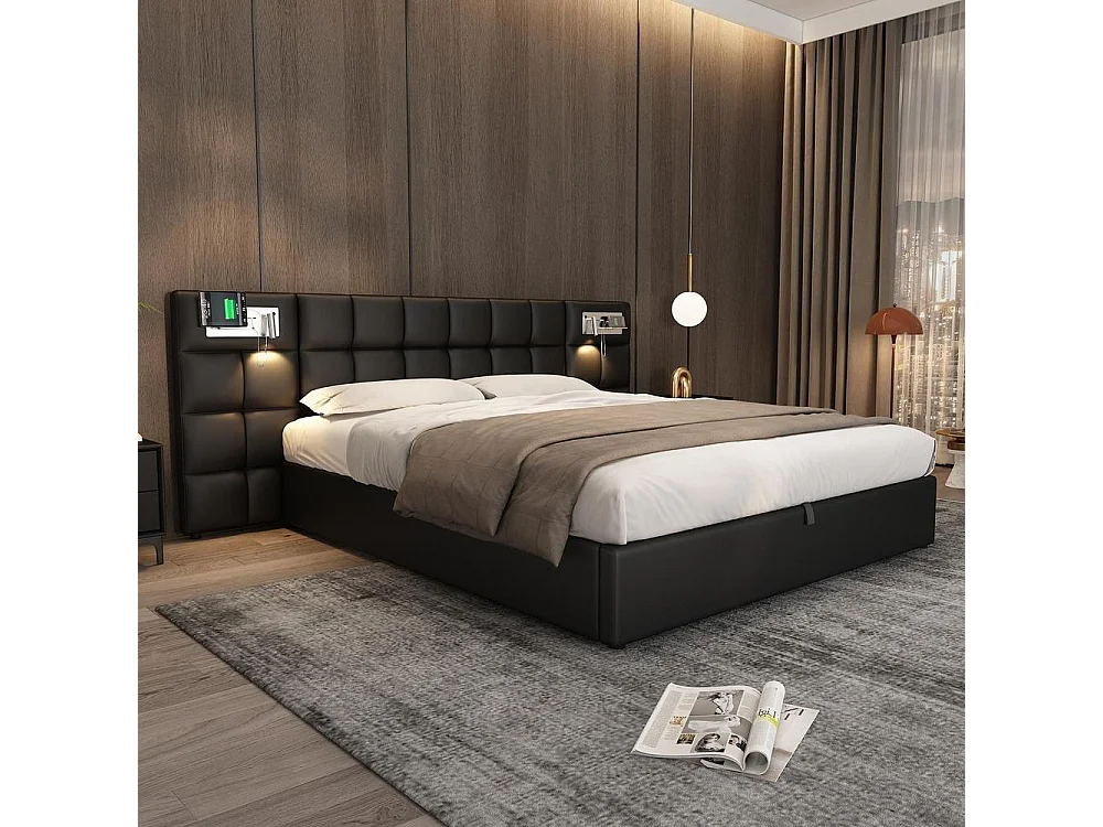 Lit double 180x200 cm, coffre hydraulique, tête rembourrée, USB, charge sans fil, lampe intégrée, rangement pratique, noir PU
