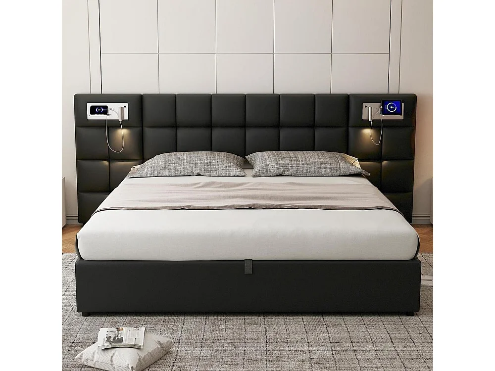 Lit double 180x200 cm, coffre hydraulique, tête rembourrée, USB, charge sans fil, lampe intégrée, rangement pratique, noir PU