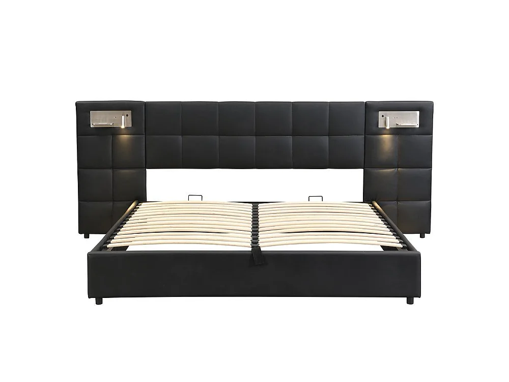 Lit double 180x200 cm, coffre hydraulique, tête rembourrée, USB, charge sans fil, lampe intégrée, rangement pratique, noir PU